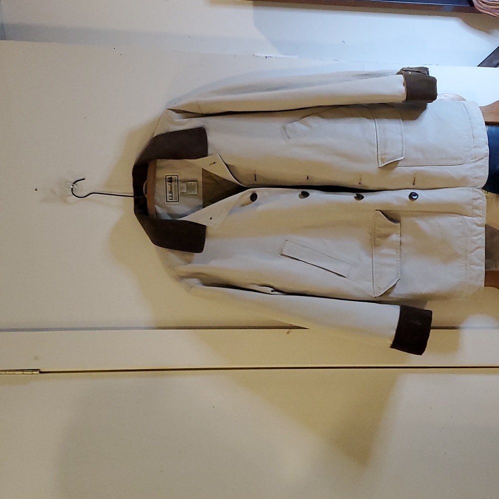 L.L. Bean tan coat with brown corduroy collar and sleeves